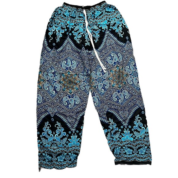 Harem Pants Pocket High Waist Wide Leg Drawstring Blue Paisley Large Hippie Boho - Picture 1 of 4